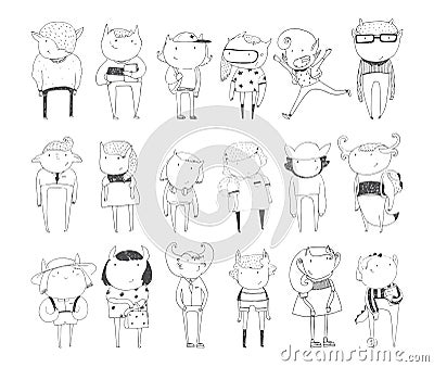 Cute monsters set. Hand drawn collection with little creatures in school age in casual clothes, with school bags. Doodle sketch dr Stock Photo