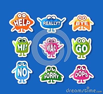 Cute Monsters Stickers Set, Funny Emoji Characters with Words In Their Mouths Vector Illustration, Vector Illustration