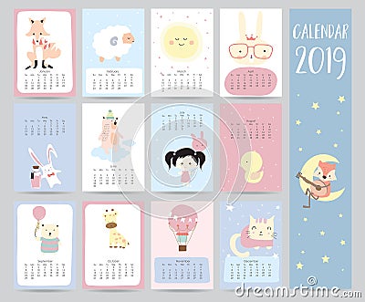 Cute monthly calendar 2019 with fox,sheep,moon,rabbit,girl,bear Vector Illustration