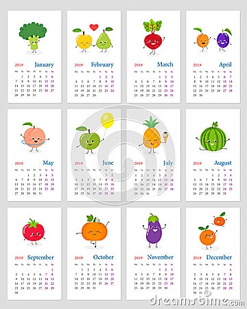 Cute monthly calendar 2019 Vector Illustration