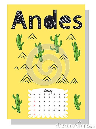 Cute monthly calendar of 2021 with a llama, cactus, inscriptions in the Scandinavian children`s style. For web, banners, posters, Stock Photo