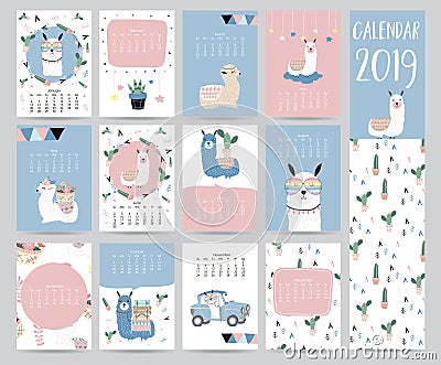 Cute monthly calendar 2019 with llama,luggage,cactus,geometrical for children.Can be used for web,banner,poster,label and Vector Illustration