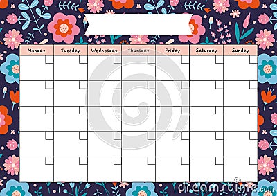 Cute monthly calendar template without numbers, spring vibe and flower pattern, cartoon style. Printable A4 paper sheet Vector Illustration