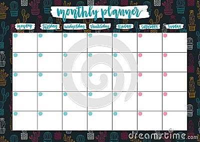 Cute monthly planer for 2019 year on cacti background. A4 print ready open date calendar design. Vector Illustration