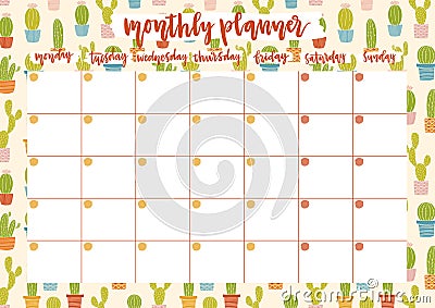 Cute monthly planer for 2019 year on cacti background. A4 print ready open date calendar design. Vector Illustration