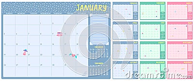 Cute monthly planner template. Kids calendar, simple year months planners and month days notes pages vector set Vector Illustration