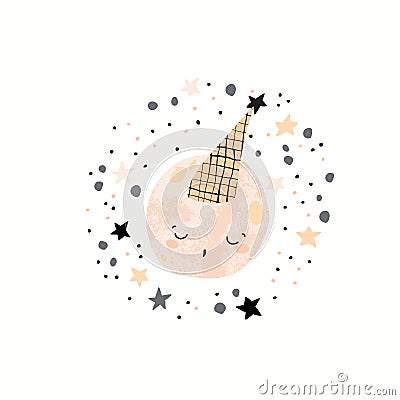 Cute moon sleeping on a smiling cloud Vector Illustration