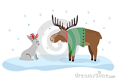 Cute moose and hare flat color illustration. Xmas drawing Vector Illustration