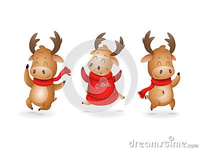 Cute Moose or Reindeer celebrate winter holidays happy expression - they jumping up - vector illustration isolated on transparent Vector Illustration