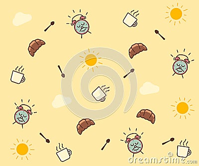 Cute morning seamless pattern background. Vector wallpaper illustration with clouds, the sun, breakfast elements Vector Illustration