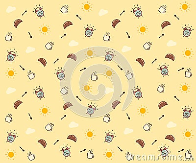 Cute morning seamless pattern background. Vector wallpaper illustration with clouds, the sun, breakfast elements Vector Illustration