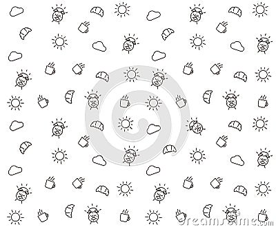 Cute morning seamless pattern background. Vector wallpaper illustration with clouds, the sun, breakfast elements Vector Illustration