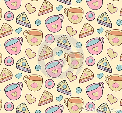Cute morning vector seamless pattern with cake, heart, cup. Breakfast, lunch background. Vector Illustration