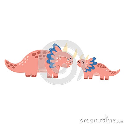 Cute mother and baby dinosaurs print. Funny triceratops dino family clipart Vector Illustration