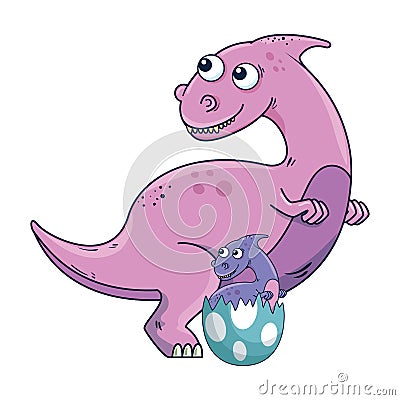 cute mother dinosaur with baby breaking the shell egg Cartoon Illustration