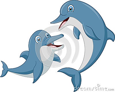 Cute mother dolphin with baby Vector Illustration