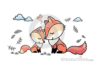 Cute mother fox and child fox,love emotion,cartoon Vector Illustration