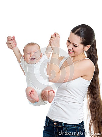 Cute mother playing with baby isolated Stock Photo