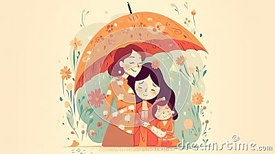 a cute mothers day gift card with a mom under an umbrella and her daughters, ai generated image Stock Photo