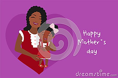 Cute mothers day poster, african american woman hugging her little daughter, flat style, modern illustration, textile Vector Illustration