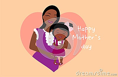 Cute mothers day poster, dark leather mom hugging her little daughter, flat style, modern illustration, textile print Vector Illustration