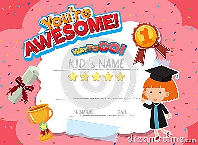 Cute motivational cartoon certificate for children Vector Illustration