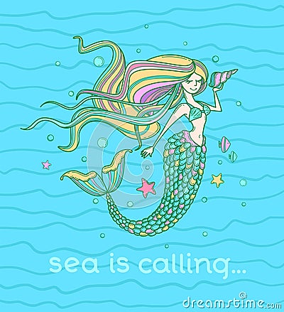 Cute motivational poster, season greeting card, label or print with mermaid. Lettering Vector Illustration