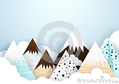 Cute mountain and cloud background. Paper art and origami style Vector Illustration