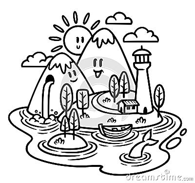 Cute mountain and lighthouse line illustration Vector Illustration