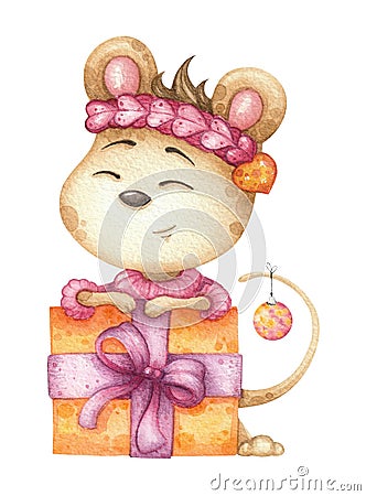 Cute mouse with big gift box. Cartoon Illustration