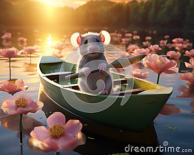 cute mouse in a fantasy boat. Cartoon Illustration