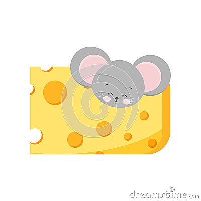 Cute mouse head looking out of hole in cheese Vector Illustration