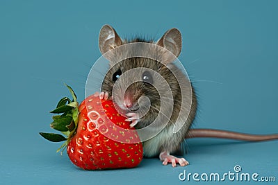 A cute mouse holding a strawberry, Birthday card, seasons greetings Stock Photo