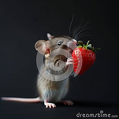 A cute mouse holding a strawberry, Birthday card, seasons greetings Stock Photo