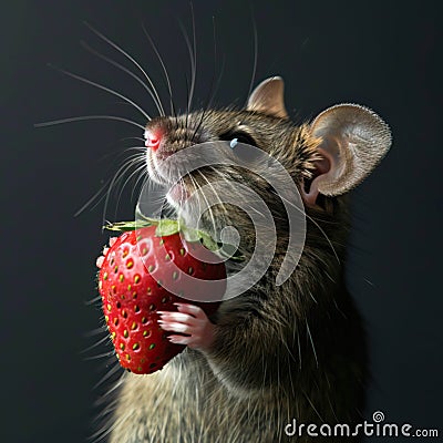 A cute mouse holding a strawberry, Birthday card, seasons greetings Stock Photo