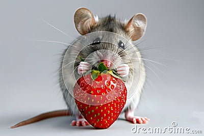 A cute mouse holding a strawberry, Birthday card, seasons greetings Stock Photo