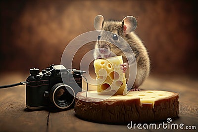 cute mouse nibbling on piece of cheese, with vintage camera in the background Stock Photo