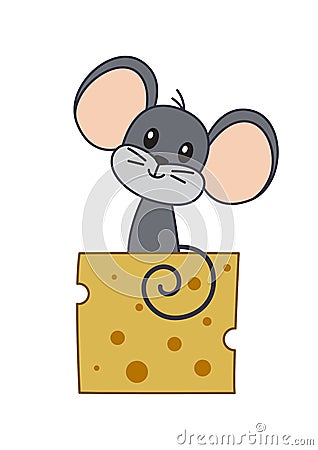 Cute mouse on the piece of cheese Cartoon Illustration