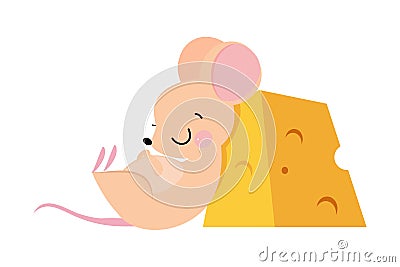 Cute Mouse with Pointed Snout and Rounded Ears Sleeping Leaning Against Huge Slab of Cheese Vector Illustration Vector Illustration