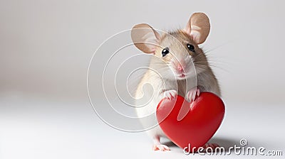 Cute mouse with red heart on white background. Love from hamster. Valentine Stock Photo