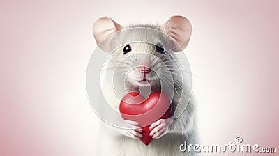 Cute mouse with red heart on white background. Love from hamster. Valentine Stock Photo