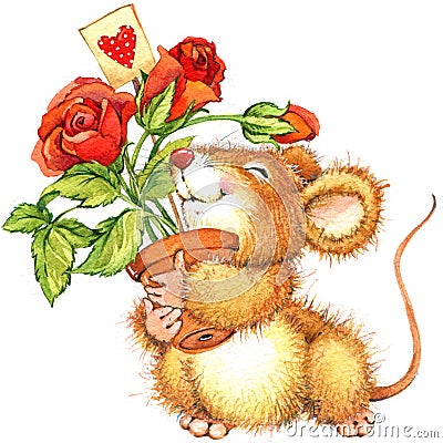 cute mouse with rose. watercolor illustration Cartoon Illustration