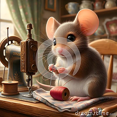 Cute mouse tailor threading needle in the workshop Stock Photo