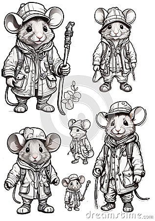 Cute mouse traveler set of stickers Stock Photo
