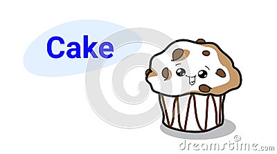 Cute muffin cake cartoon comic character with smiling face tasty cupcake happy emoji kawaii hand drawn style sweet Vector Illustration