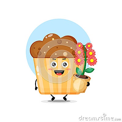 Cute muffin character carrying flowers Vector Illustration