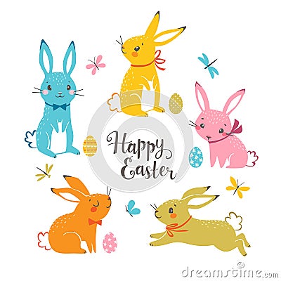 Cute multicolored Easter bunnies isolated on white background Vector Illustration