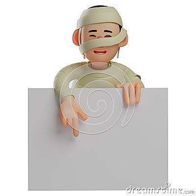 Cute Mummy 3D Cartoon Design with pointed hands on a white paper Stock Photo