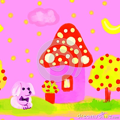 Cute mushroom cottage, dog and garden in a seamless pattern Stock Photo