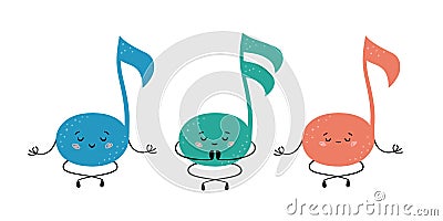 Cute musical notes in yoga pose. Notes practicing yoga and meditates. Funny vector cartoon characters Vector Illustration